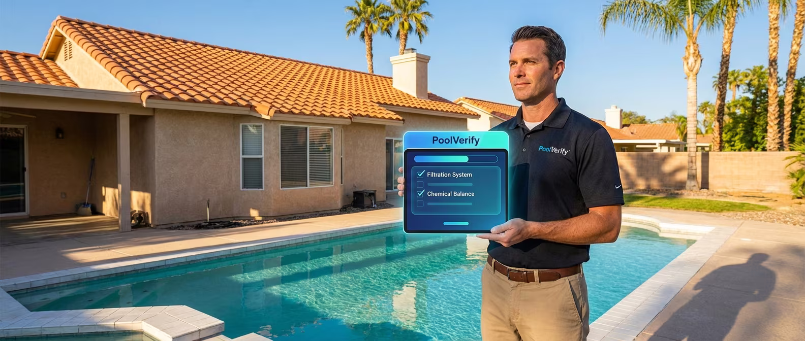 Pool inspector using tablet with inspection software next to a residential swimming pool