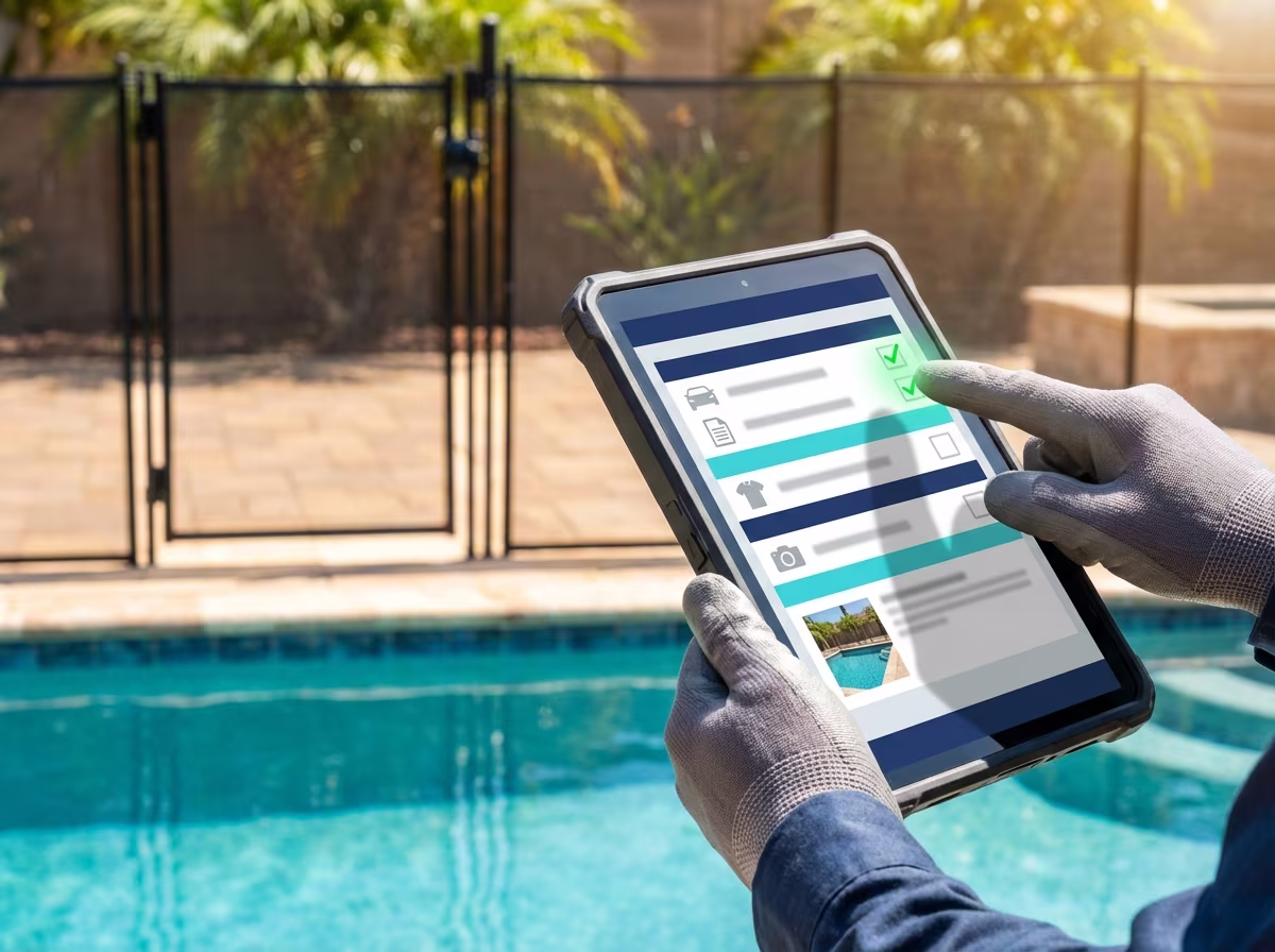 Inspector completing digital pool inspection on a tablet at poolside