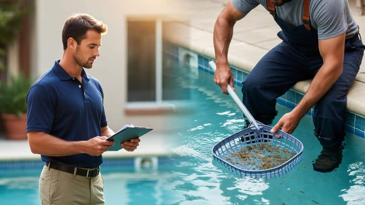 Side-by-side comparison showing pool inspector with clipboard doing safety assessment on left and maintenance worker with net doing cleaning on right