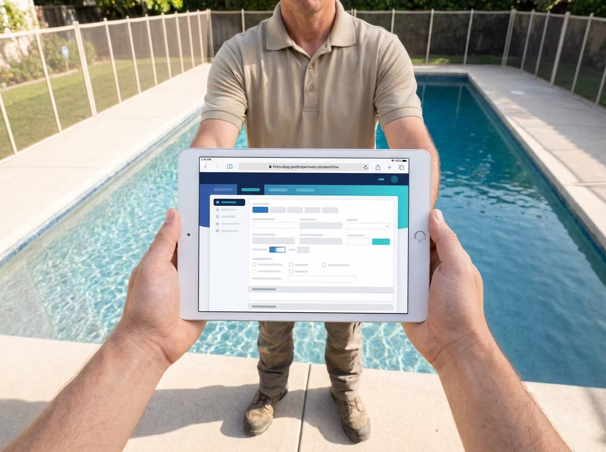 California pool inspector on a residential pool deck holding an iPad in landscape orientation, with the iPad's Safari browser frame visible around a clean inspection workflow interface