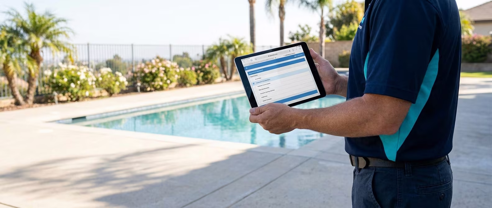 California pool inspector on a residential pool deck holding an iPad with a browser-based pool inspection interface visible.