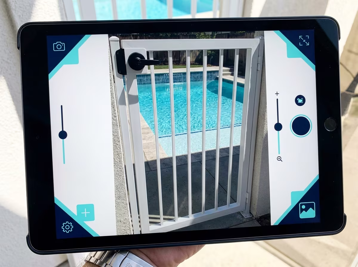 Close-up of an iPad on a California pool deck, the inspector's hand visible at the edge of frame capturing a photo of a self-closing pool gate with the pool surface visible in the background