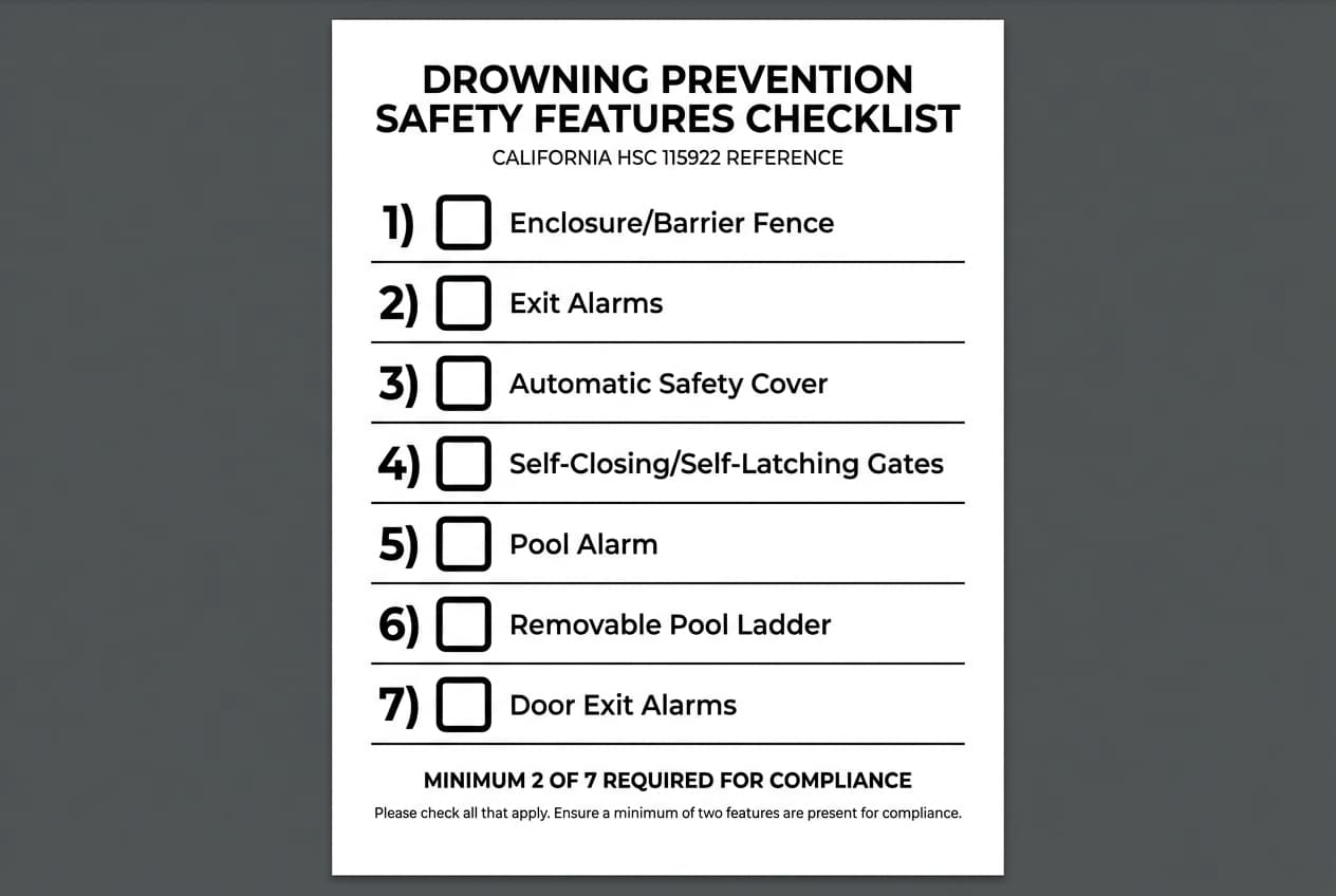 Checklist showing the seven drowning prevention safety features with checkbox format for disclosure