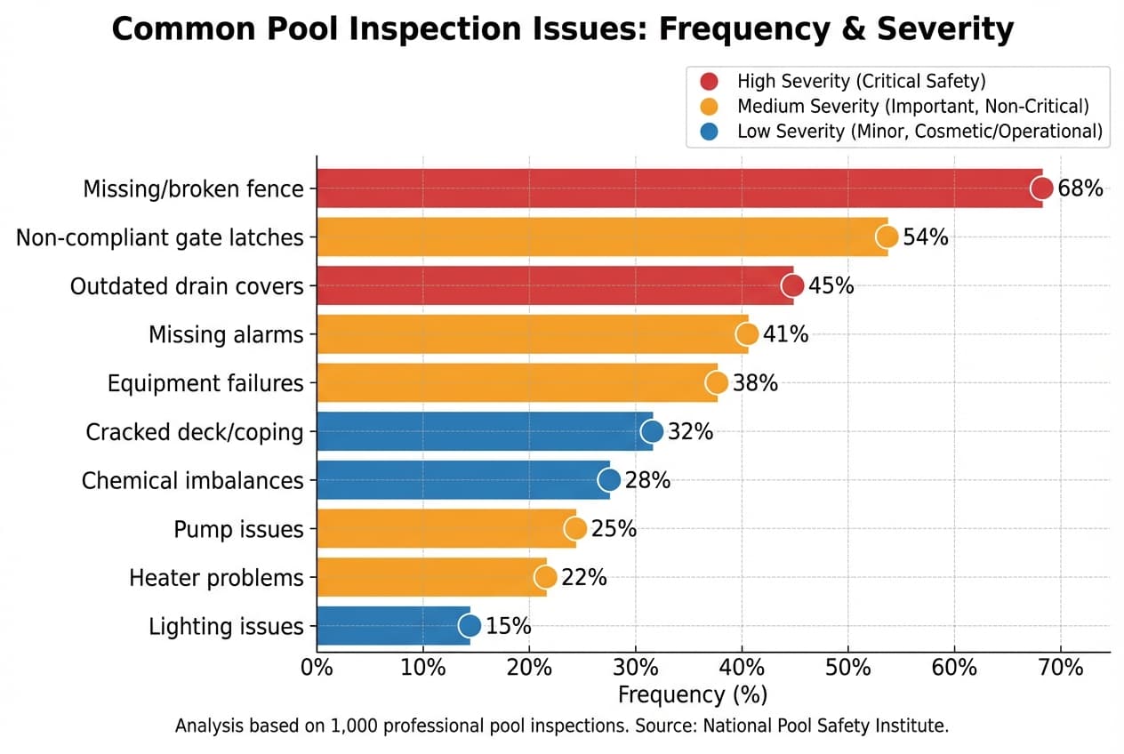 Bar chart showing frequency of common pool issues found during home sales with severity ratings
