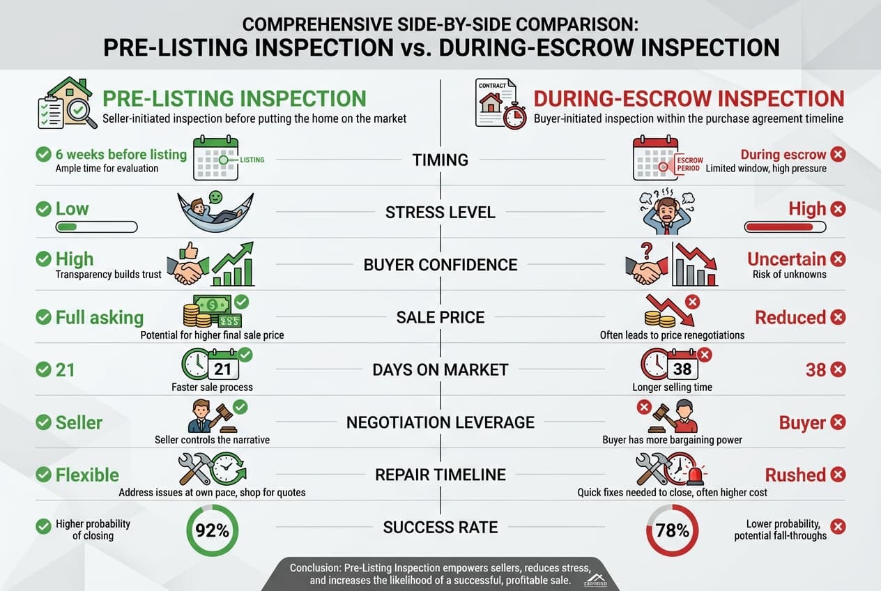 Side-by-side comparison infographic of pre-listing vs during-escrow inspection outcomes and costs