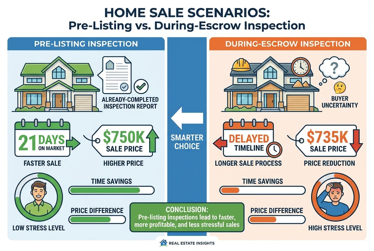 Comparison showing homes with pre-listing pool inspection vs without, showing days on market and sale price differences