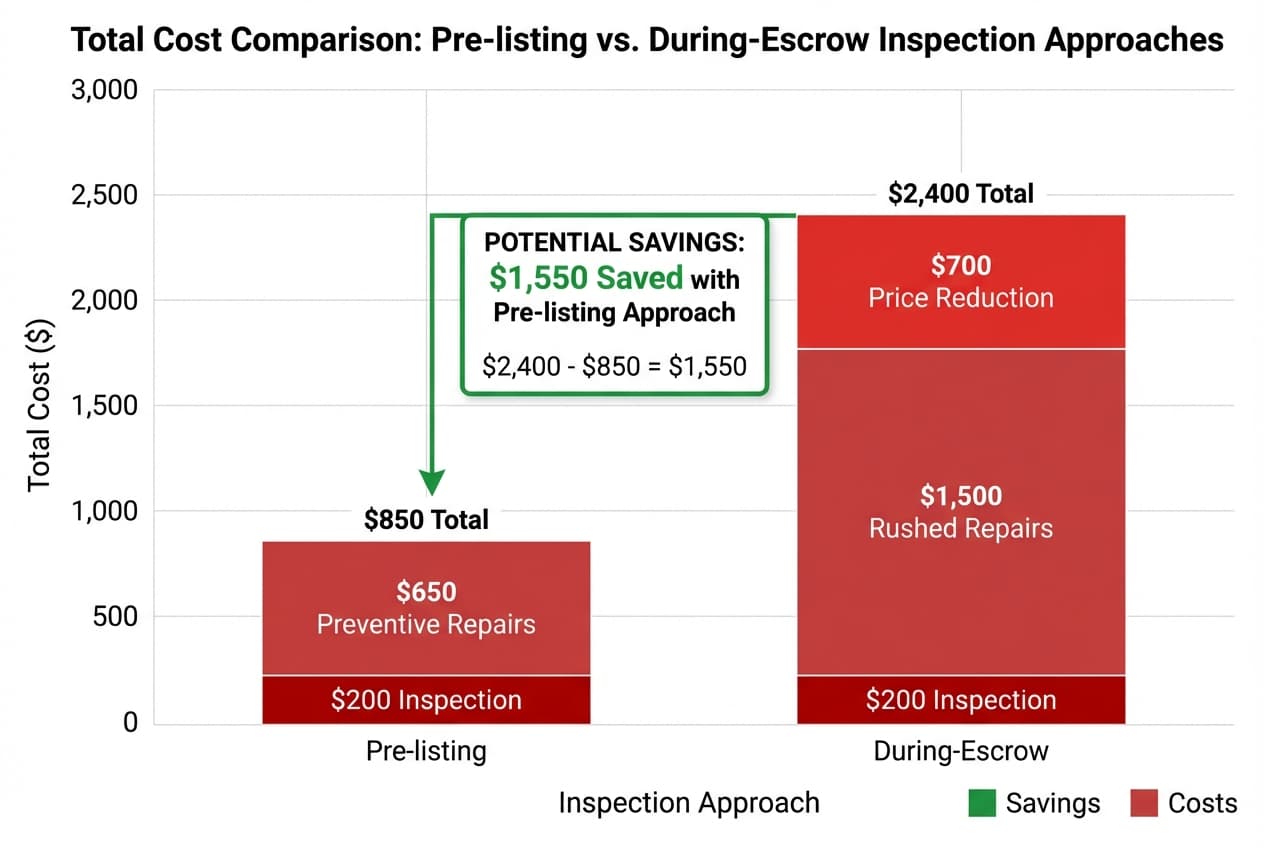 Cost comparison chart showing pre-listing inspection vs during-escrow approach with total costs and savings