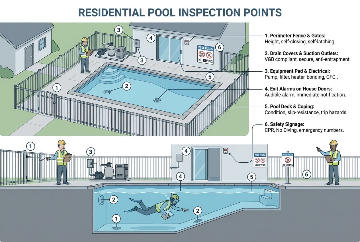 Diagram showing pool inspector examining various safety features including barrier fence, drain covers, and exit alarms