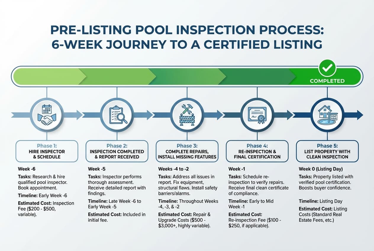 Timeline showing pre-listing inspection process from hiring inspector to listing with all repairs completed