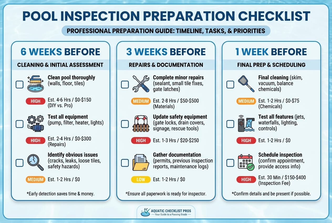 Checklist showing pool preparation tasks organized by timeline from 6 weeks to day of inspection