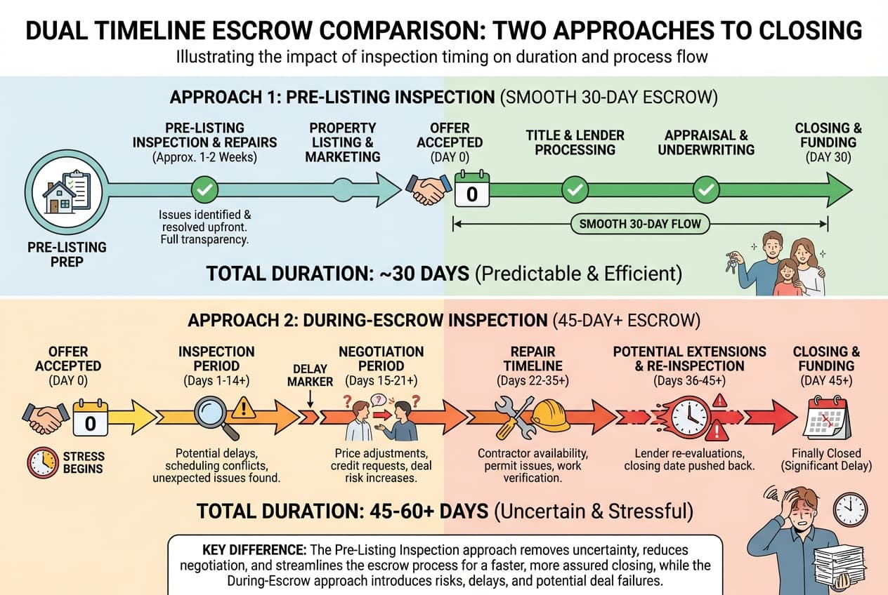 Timeline comparison showing escrow process with pre-listing vs during-escrow pool inspection approaches