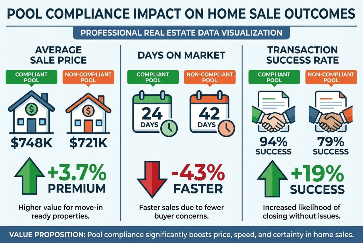 Infographic showing how pool compliance affects sale price, days on market, and transaction success rate