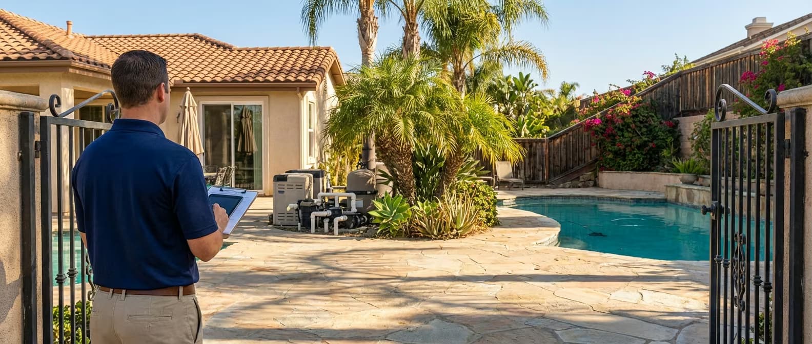 Pool inspector facing common industry challenges during a California residential pool safety inspection