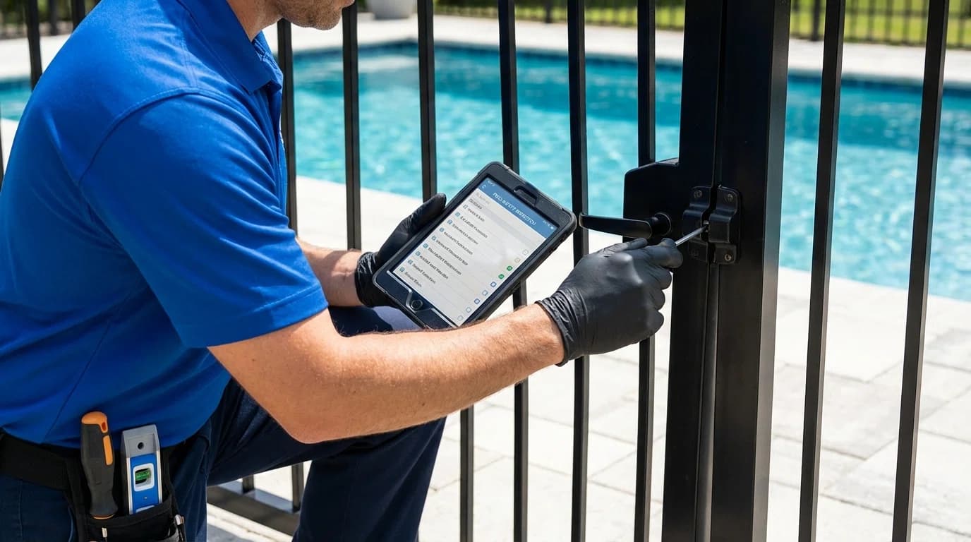 Professional pool inspector conducting safety assessment poolside with digital tablet and checklist