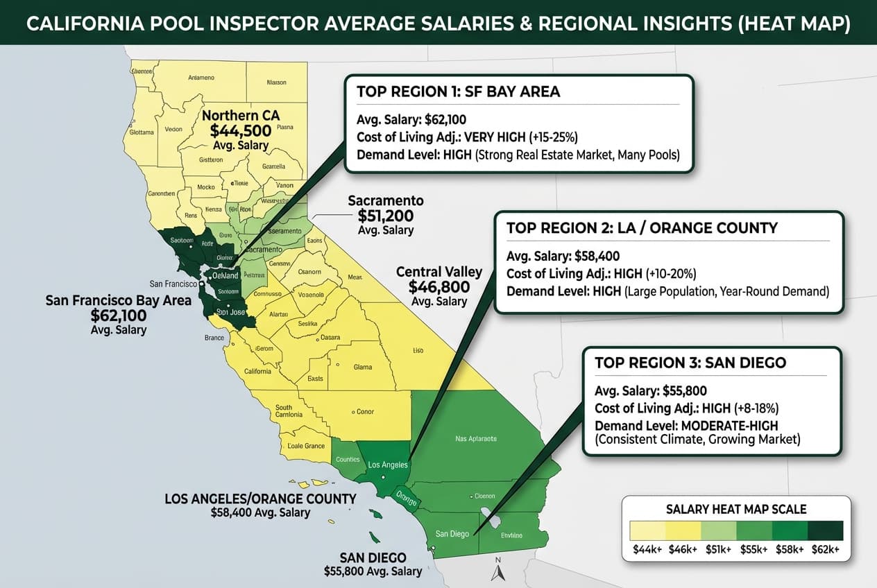 Map of California showing average pool inspector salaries by region with highest paying areas highlighted