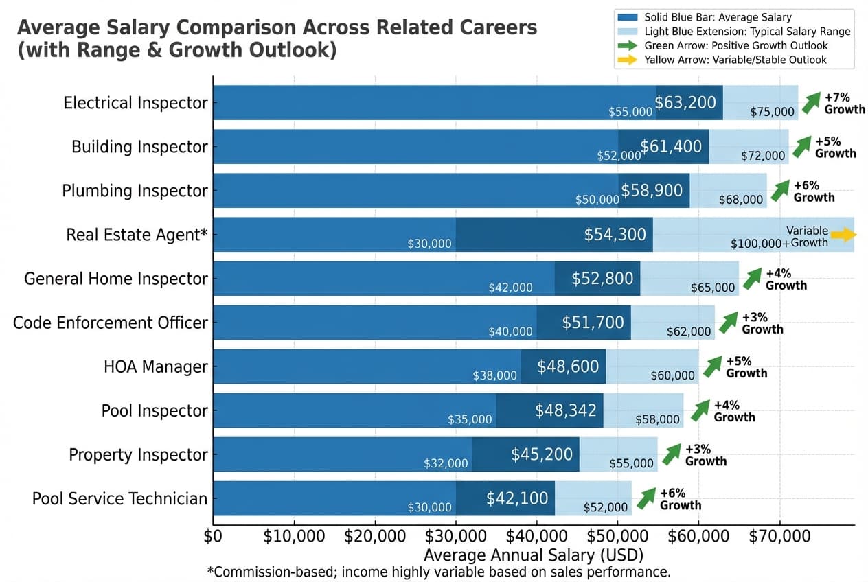 Bar chart comparing average salaries across inspection careers, pool service careers, and real estate-related careers