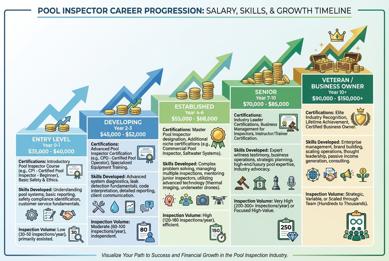 Career progression chart showing salary growth from entry-level to veteran pool inspector with milestone earnings