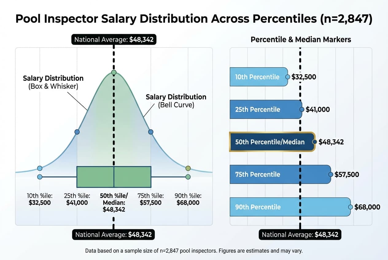 Bar chart showing pool inspector salary distribution across 25th, 50th, 75th, and 90th percentiles nationwide