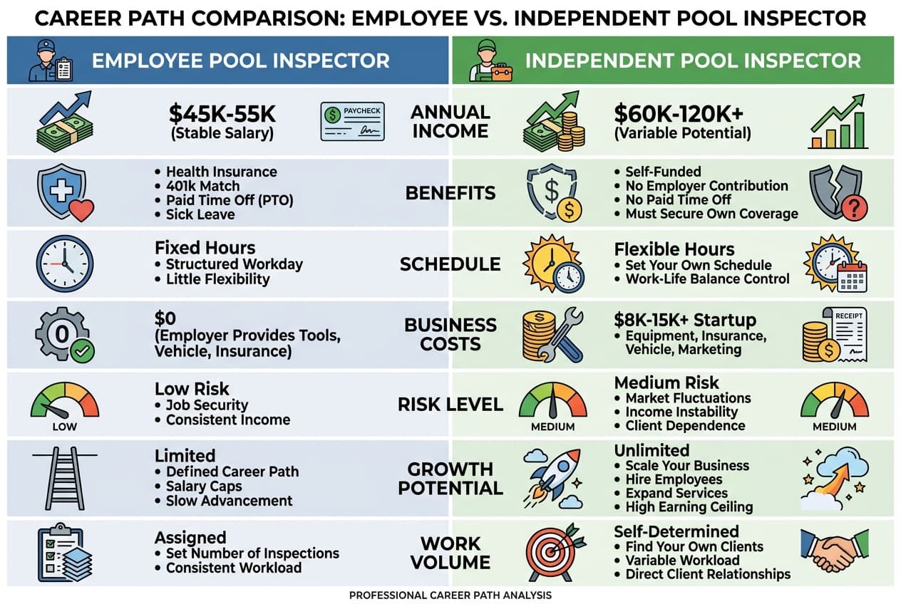 Side-by-side comparison infographic of employee vs independent pool inspector income, benefits, and work requirements