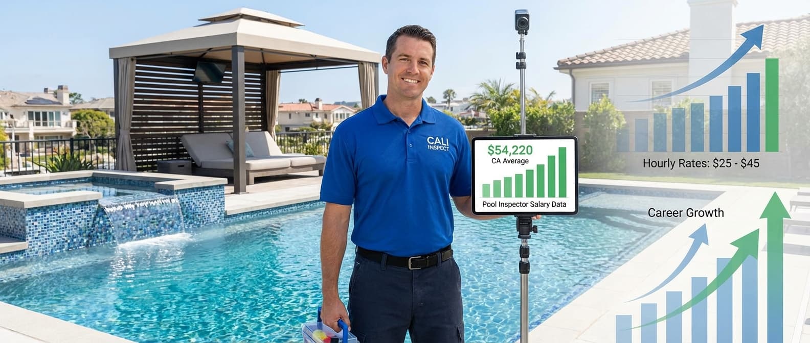 Pool inspector conducting inspection with salary statistics and income potential data overlaid