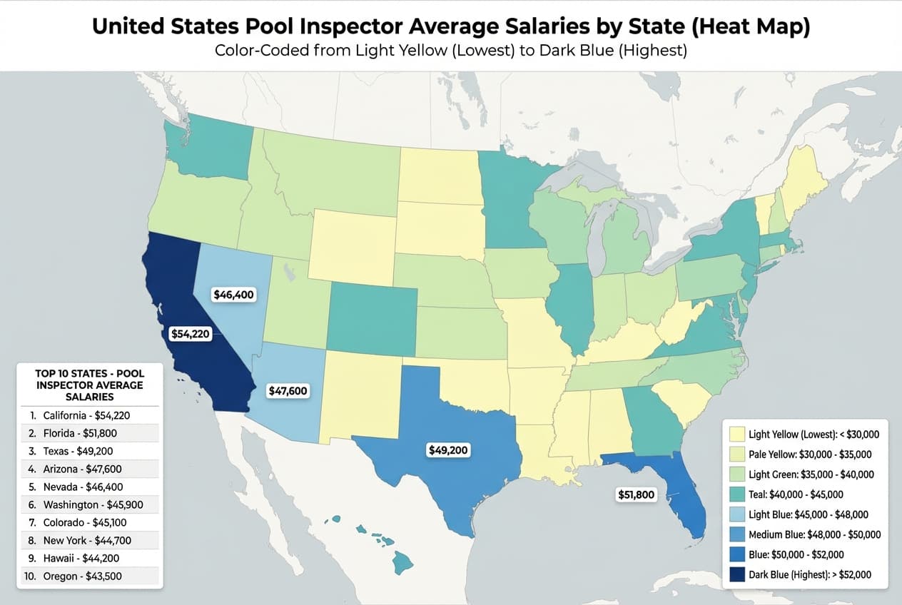 United States heat map showing pool inspector average salaries by state with darker colors indicating higher pay
