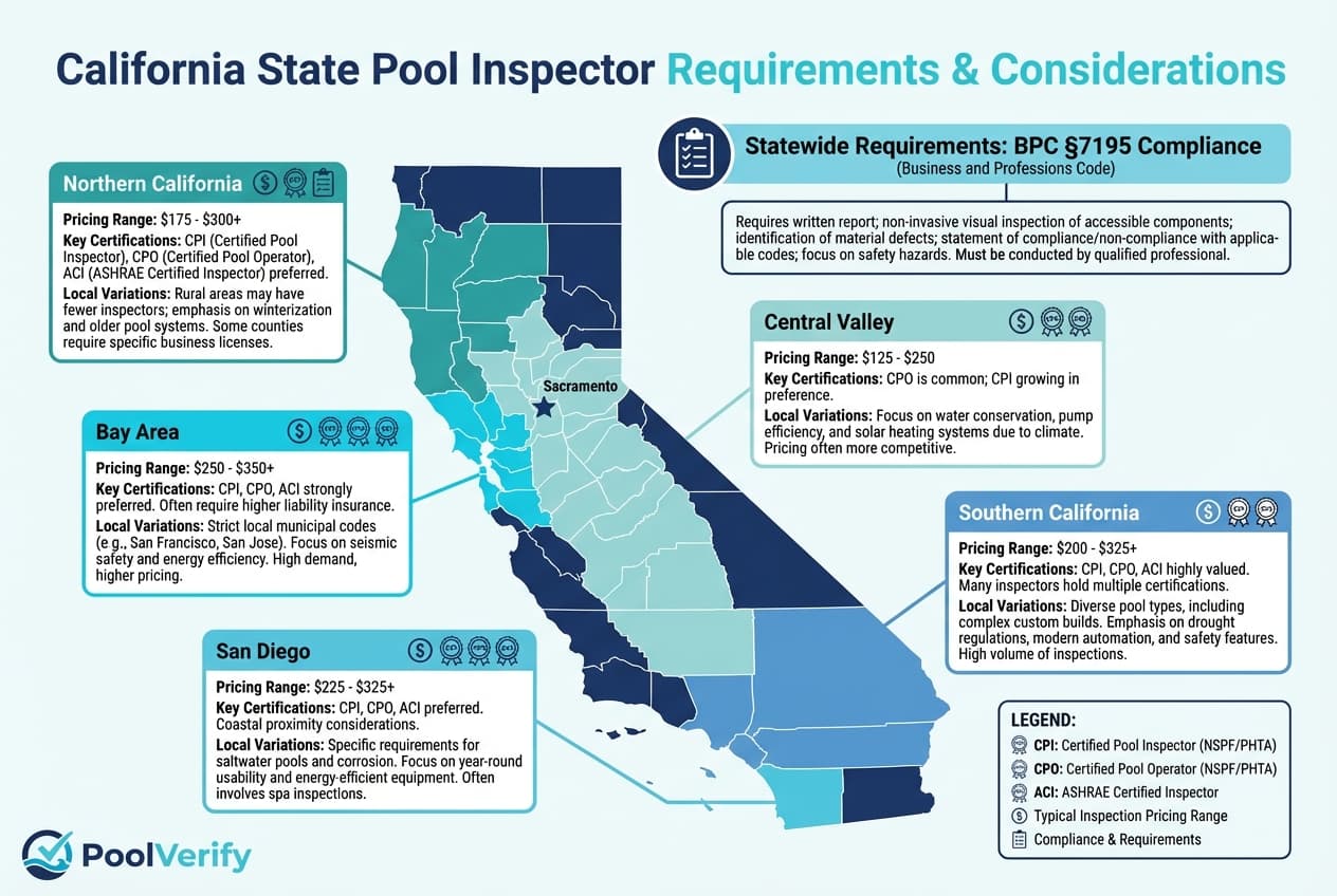 Map of California showing county-level pool inspection requirement variations and licensing considerations