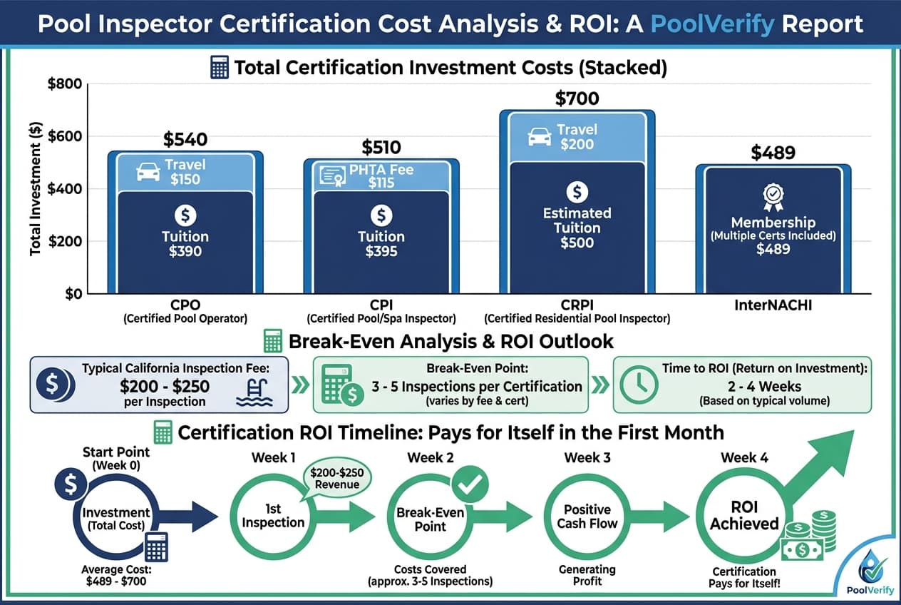 Cost breakdown comparison chart showing different pool inspector certification program expenses and ROI timeline