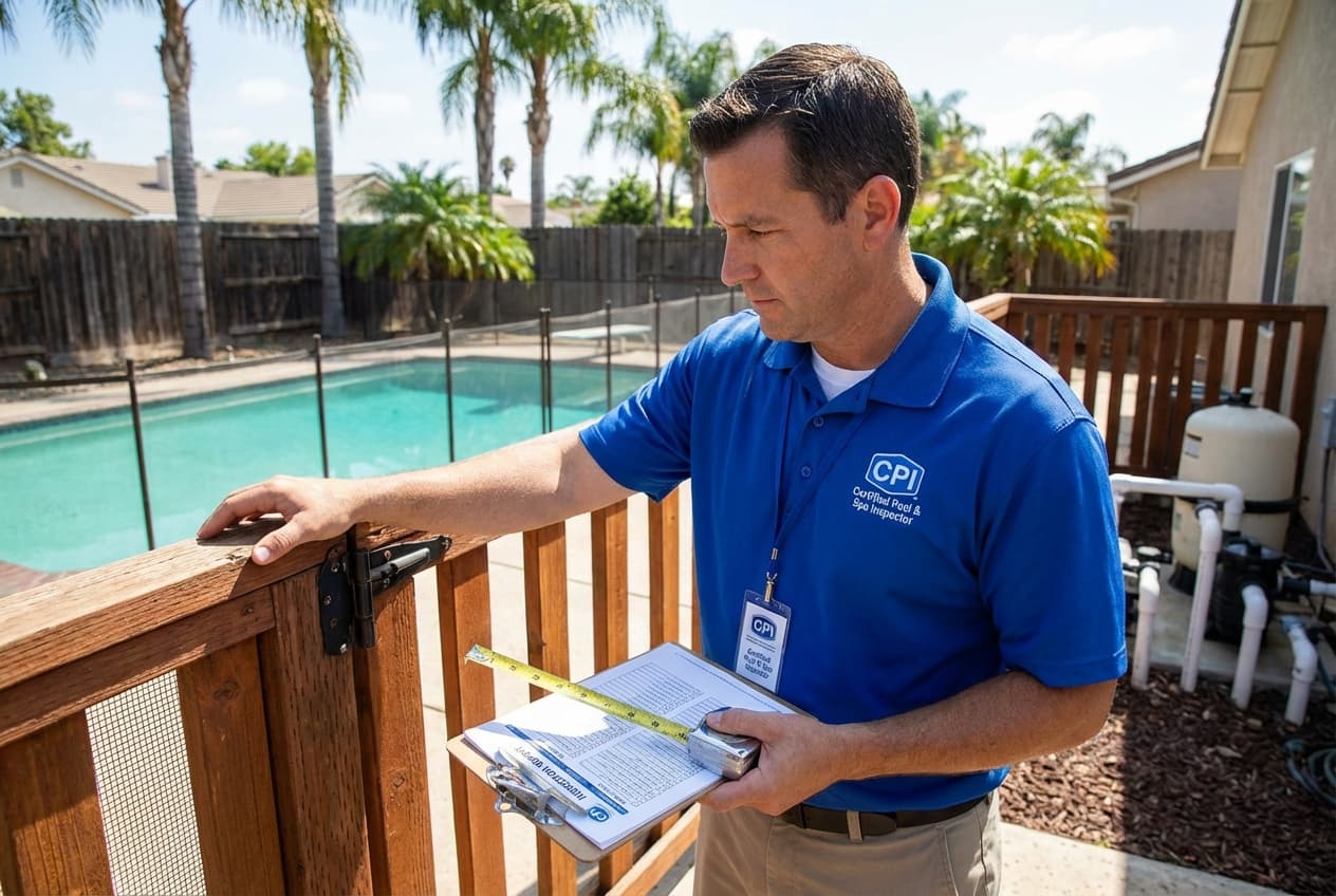 Certified Pool Inspector conducting detailed assessment of pool safety features with inspection checklist