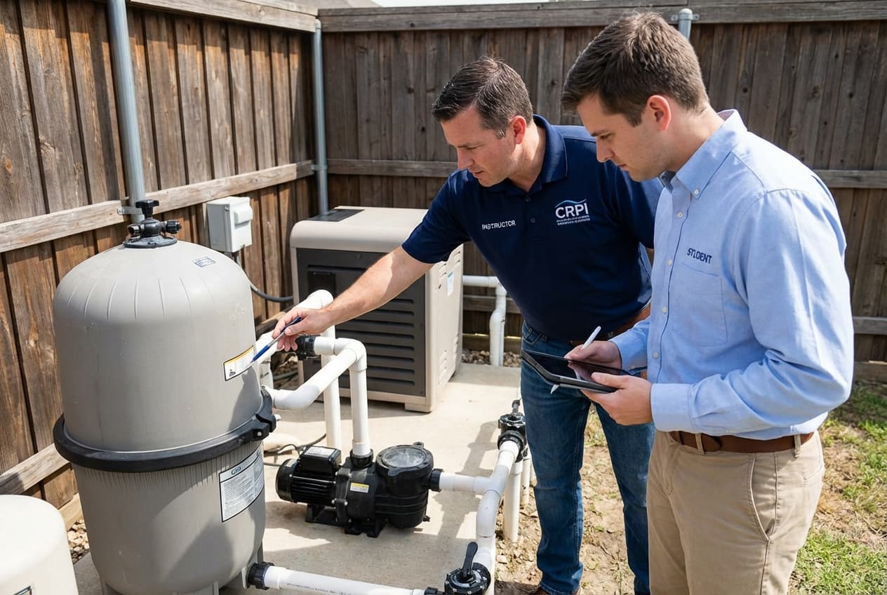 CRPI training participant conducting hands-on field inspection of residential pool equipment