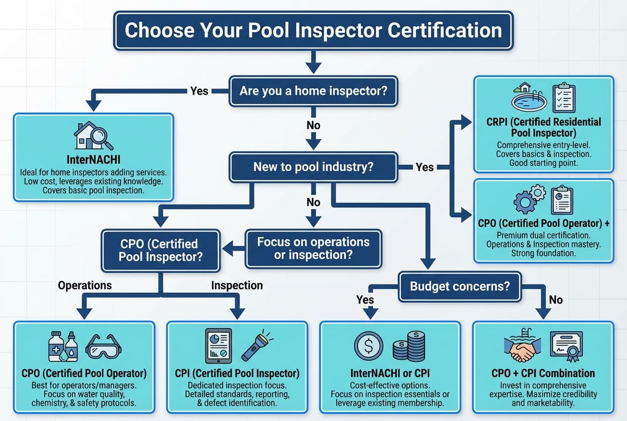 Decision flowchart for choosing the right pool inspector certification based on experience and goals