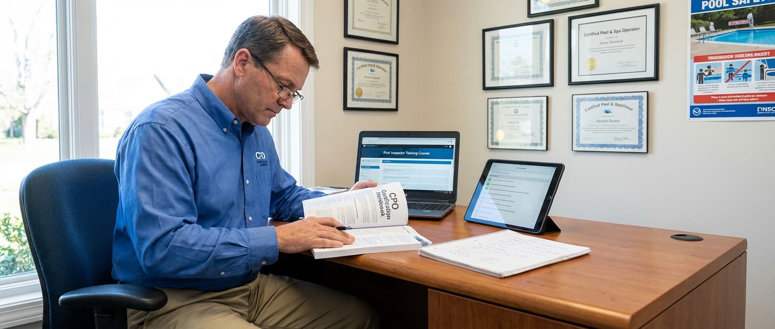 Pool inspector reviewing training materials and certification documents for professional pool inspection