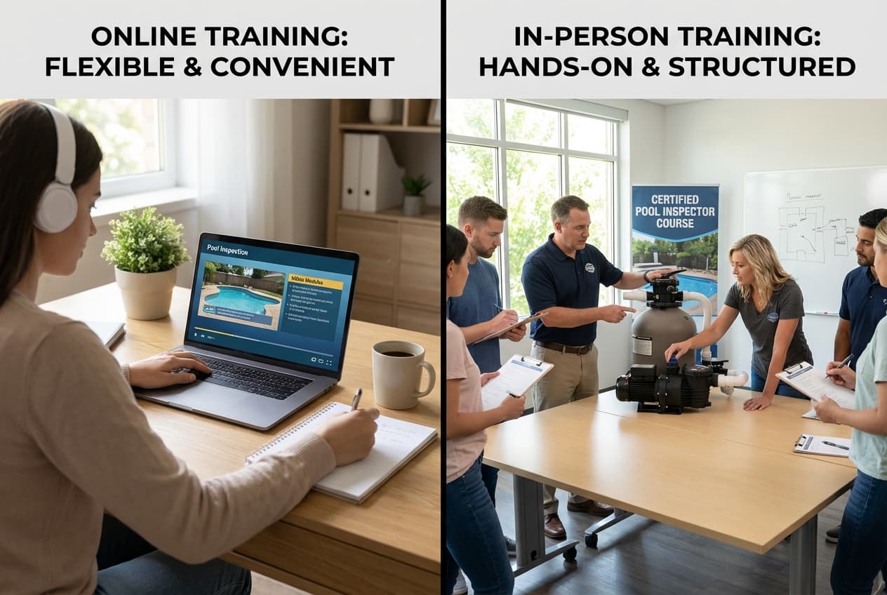 Comparison of online versus in-person pool inspector training showing student at computer and classroom setting