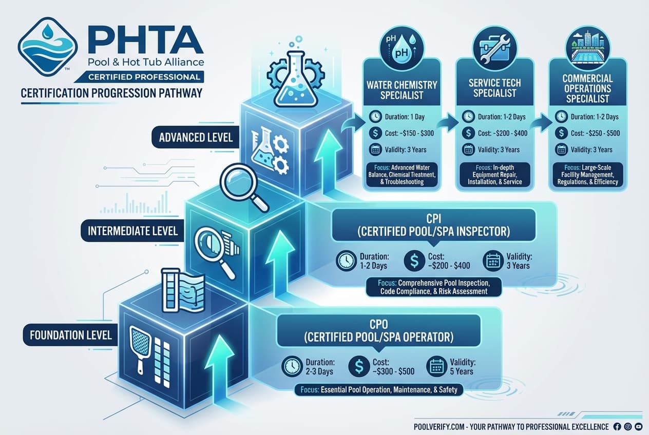 PHTA certification pathways diagram showing progression from CPO to advanced pool professional credentials