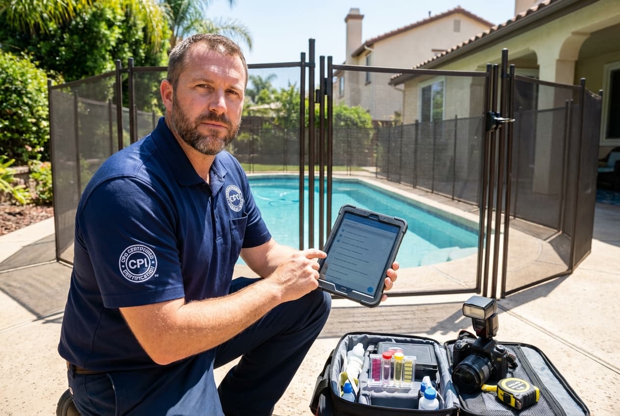 Professional pool inspector with certification credentials conducting a thorough pool safety inspection