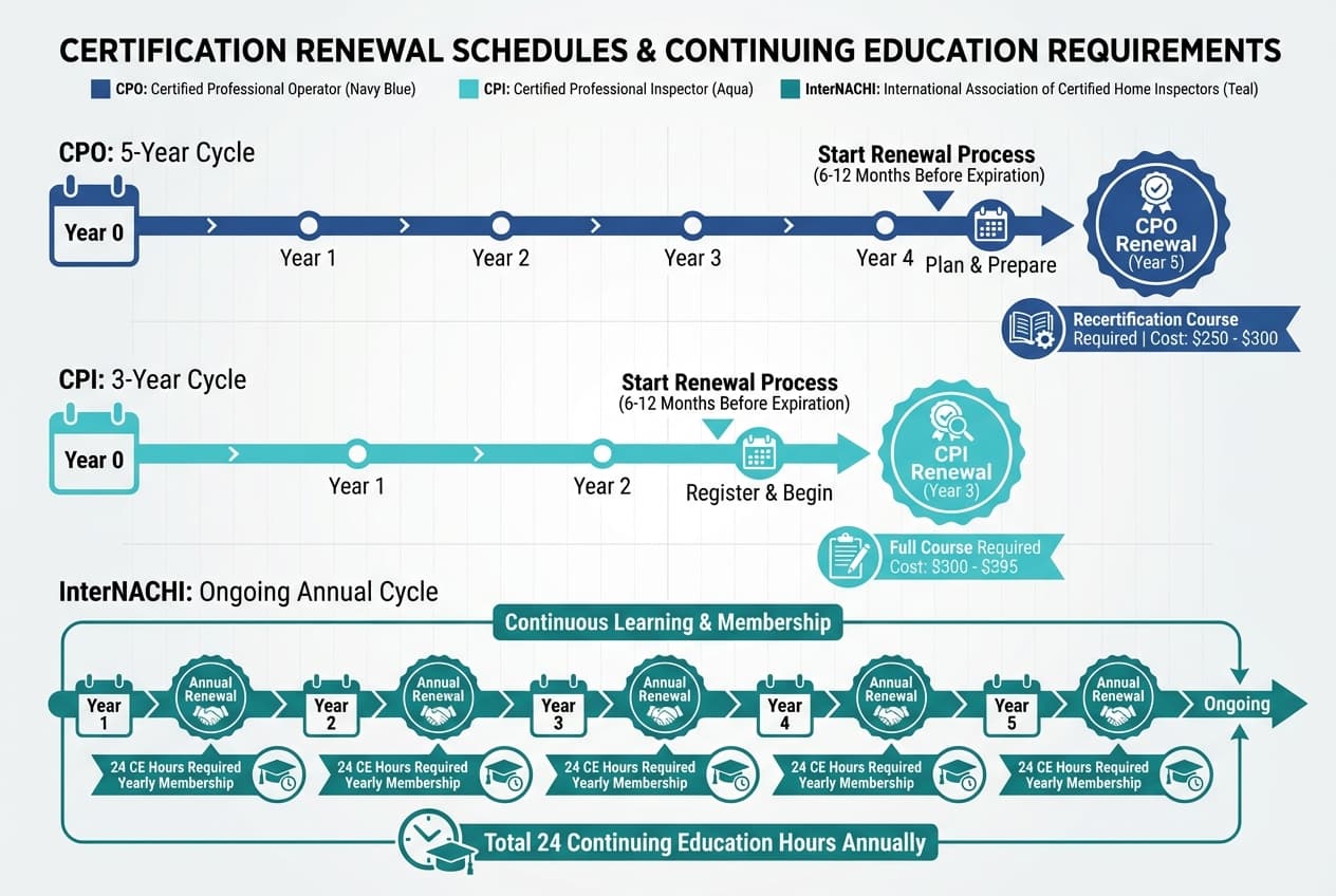 Timeline showing pool inspector certification renewal schedules and continuing education requirements