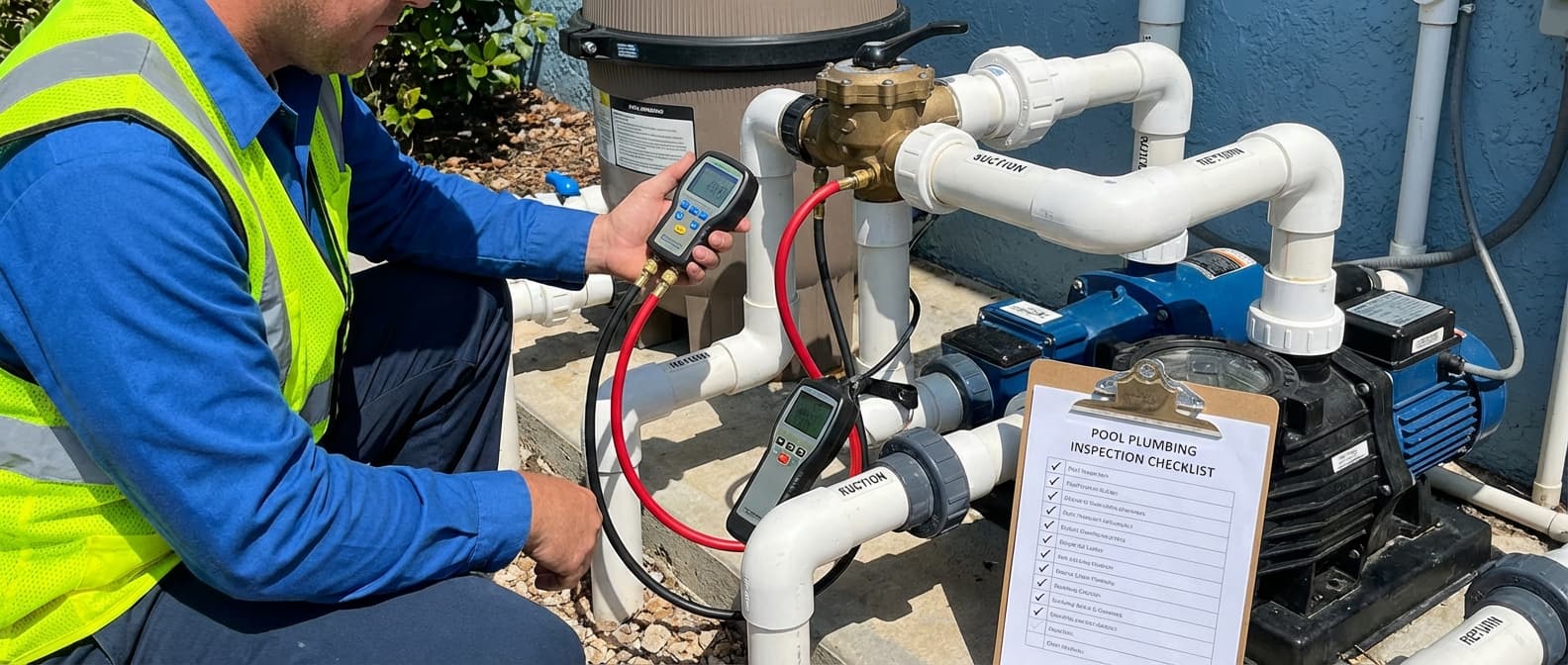 Professional pool inspector examining pool plumbing system with pressure testing equipment