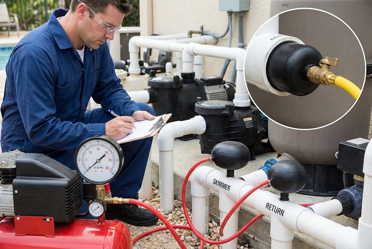 Pool plumbing pressure testing procedure with equipment