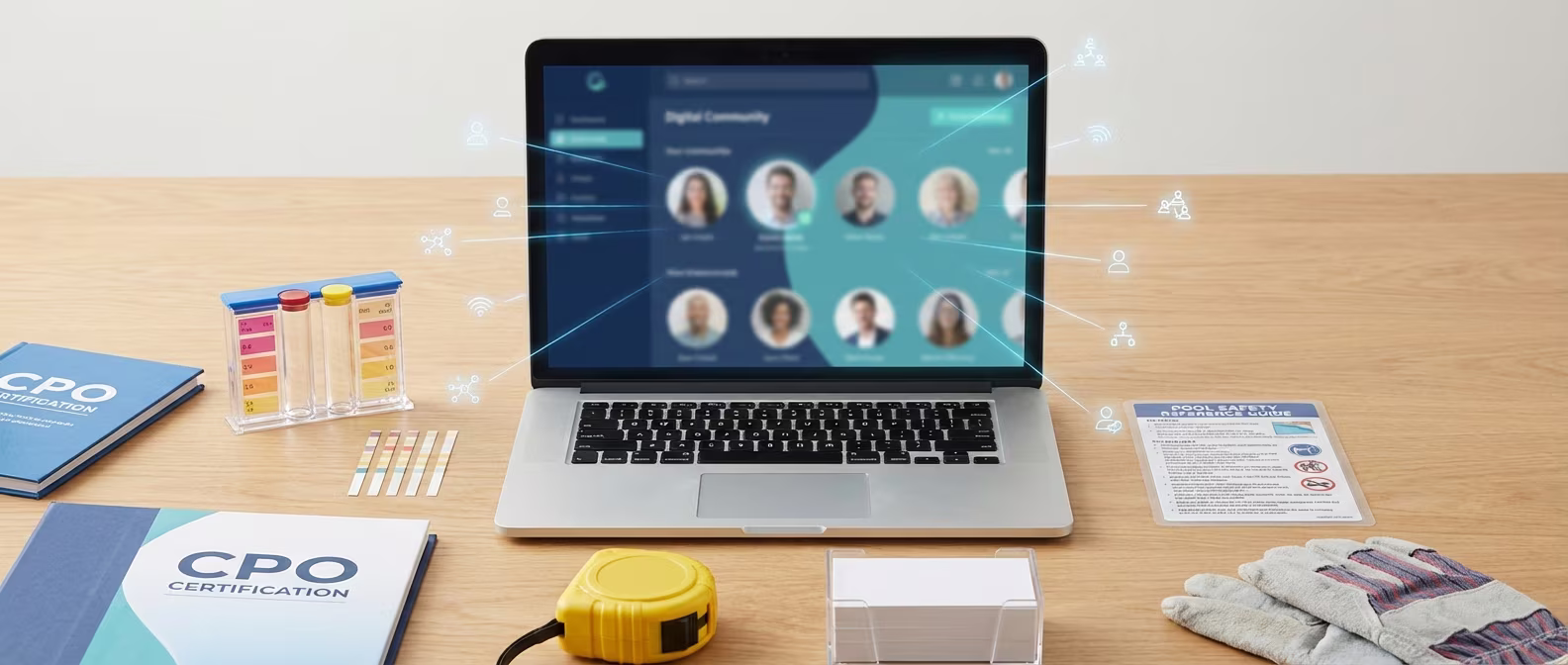 Pool professionals networking and sharing resources in an online community setting