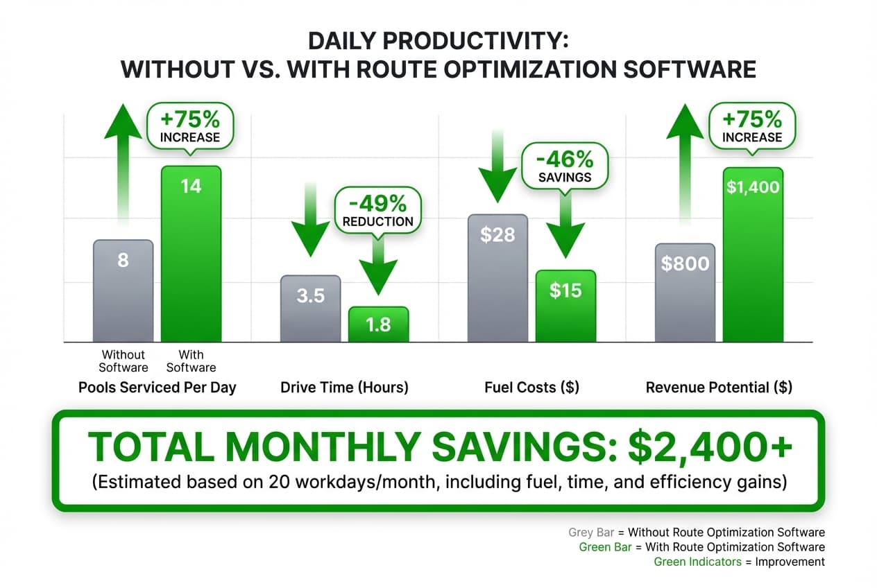 Comparison chart showing pools serviced per day with and without route optimization