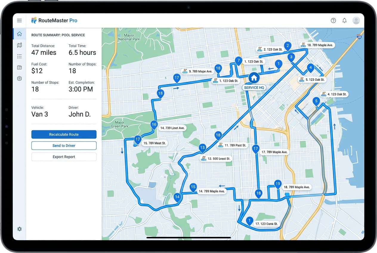 Pool route software dashboard showing optimized daily route with 15 pool service stops