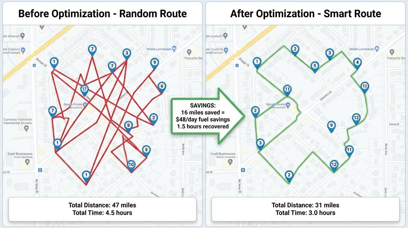 Route optimization map showing optimized daily pool service route with multiple stops