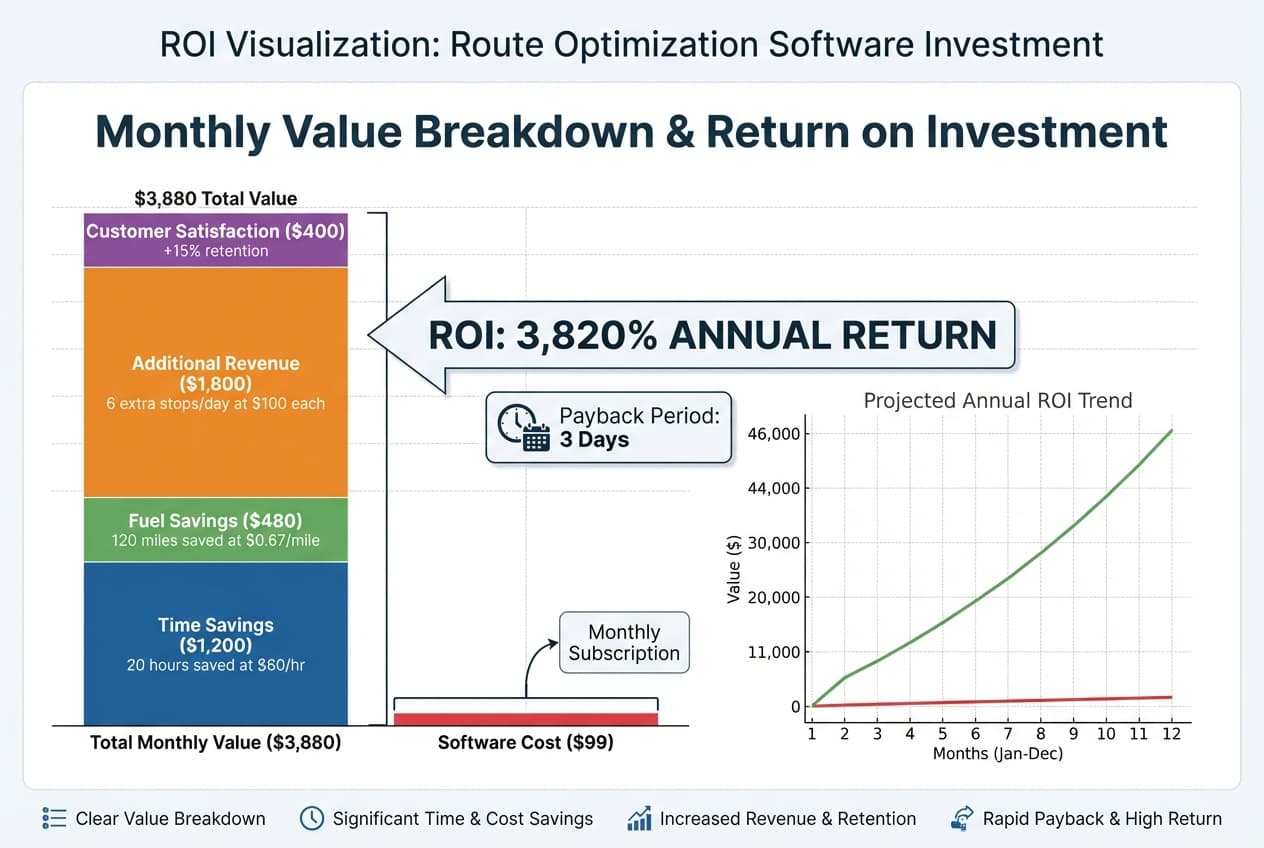 ROI visualization showing monthly savings and revenue increases from route optimization
