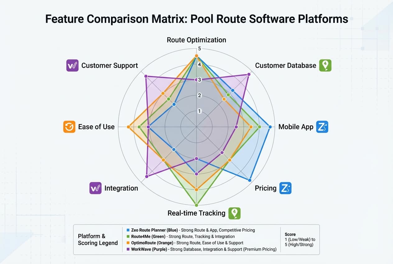 Feature comparison visualization showing strengths of each pool route software platform