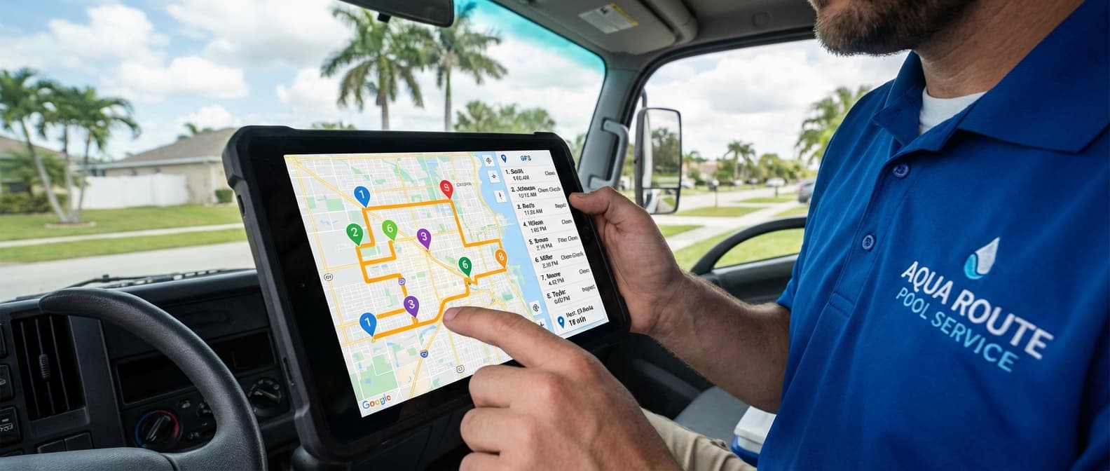 Pool route software showing optimized daily routes on map with multiple customer locations for pool service companies