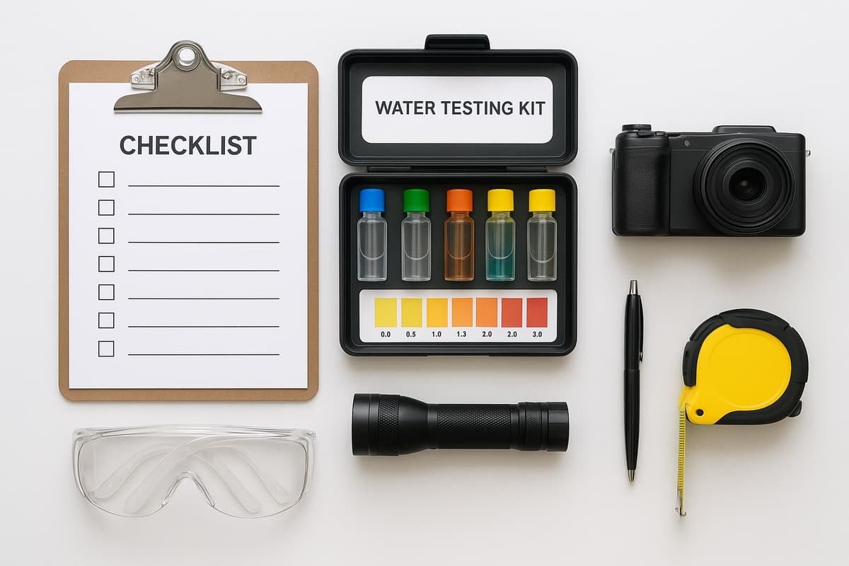 Flat-lay overhead shot of pool inspection tools including clipboard with checklist, water testing kit, flashlight, and measuring tape on white surface