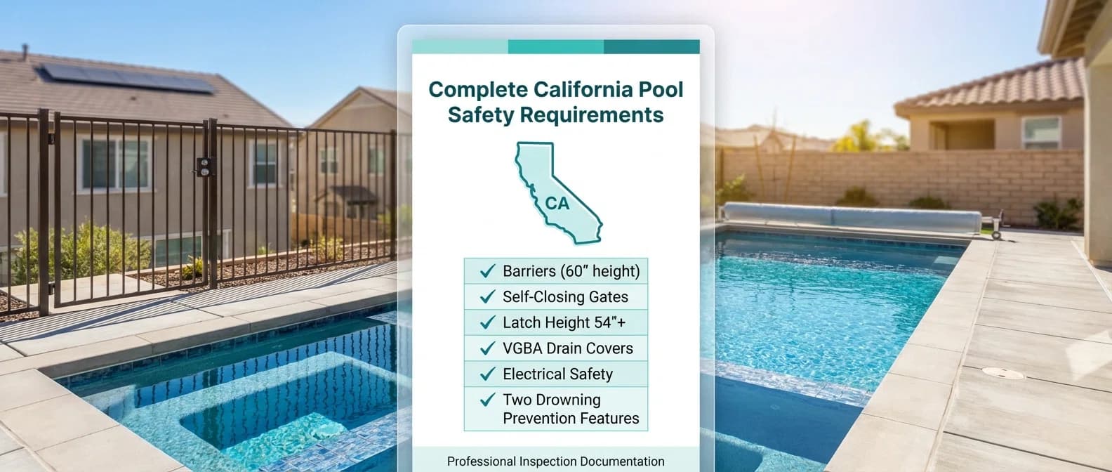 California pool safety requirements checklist showing all mandatory safety features