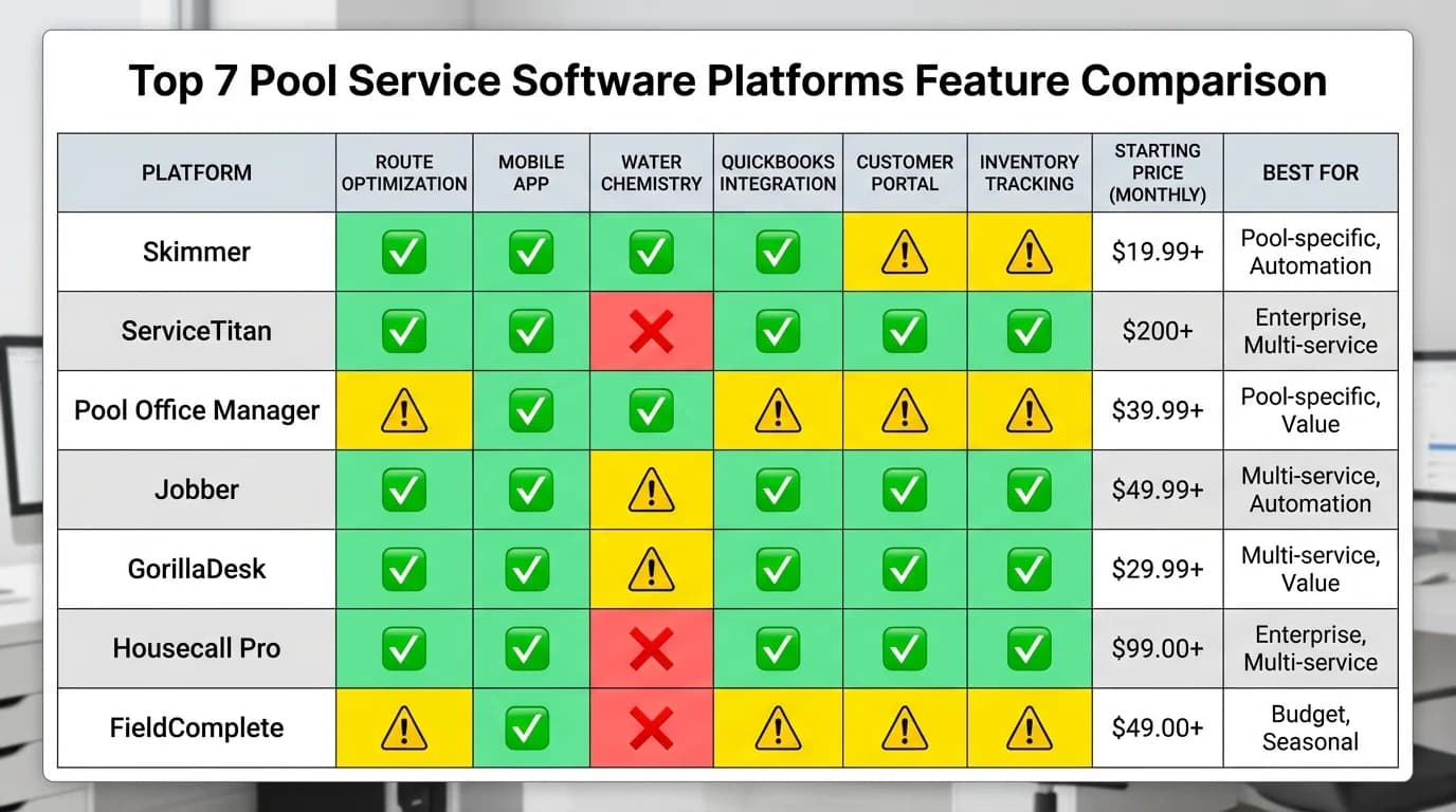 Feature comparison chart showing pool service software capabilities across platforms