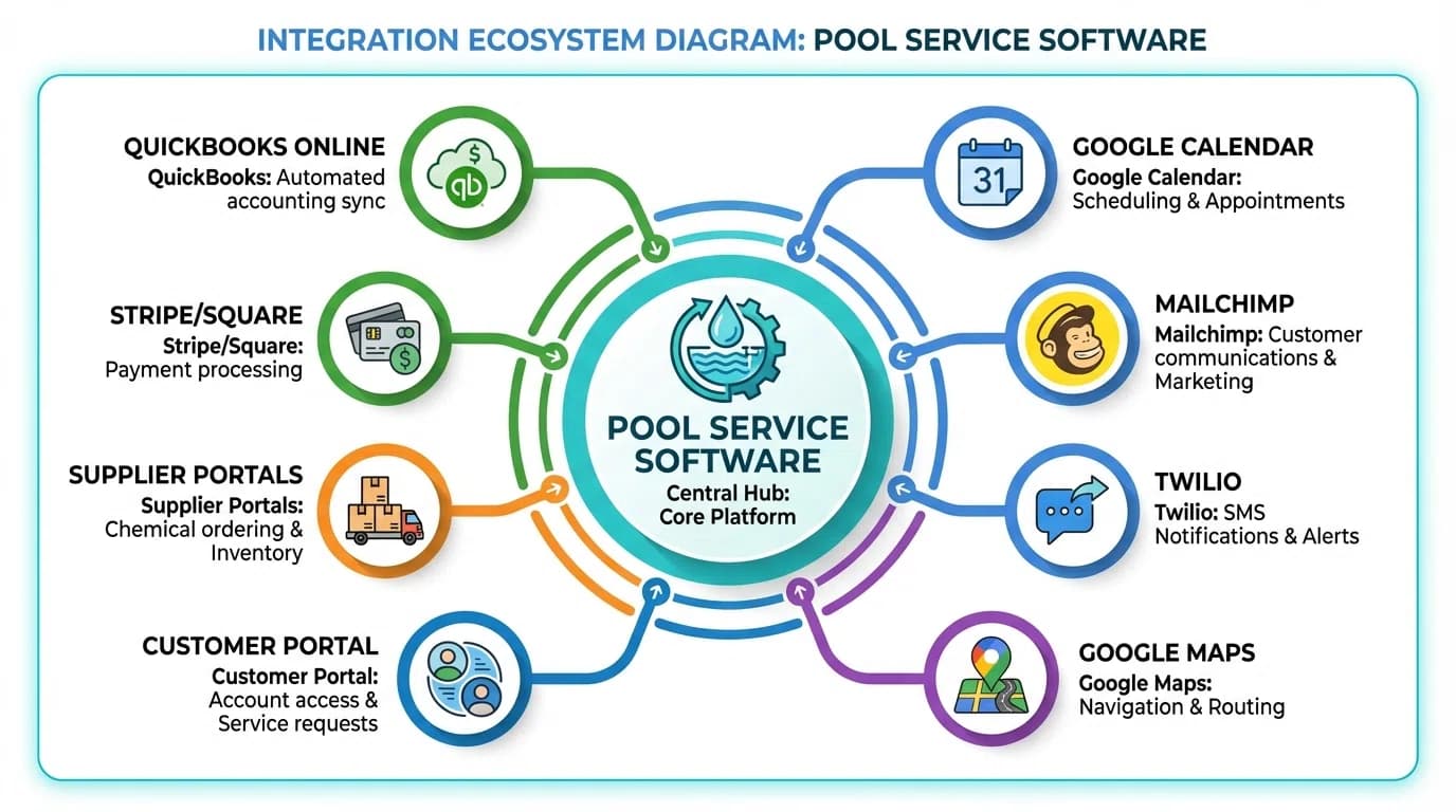 Integration ecosystem diagram showing connections between pool service software and business tools