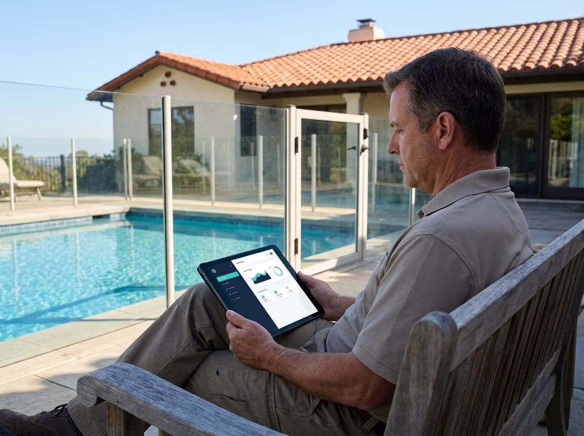 California pool inspector evaluating PoolVerify on an iPad at a residential property with a Mediterranean-style home and self-closing pool gate visible in the background