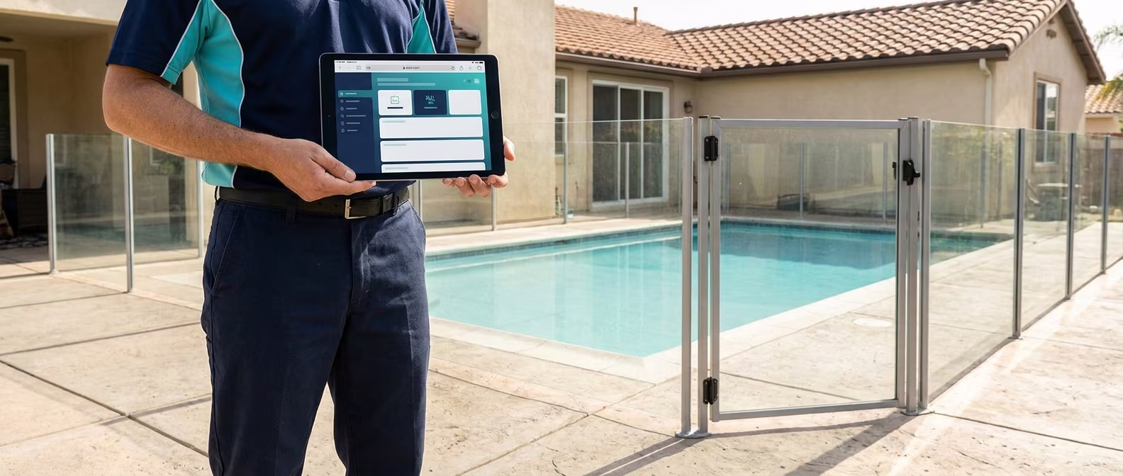 California pool inspector evaluating alternatives to PoolDial software on an iPad at a residential property.